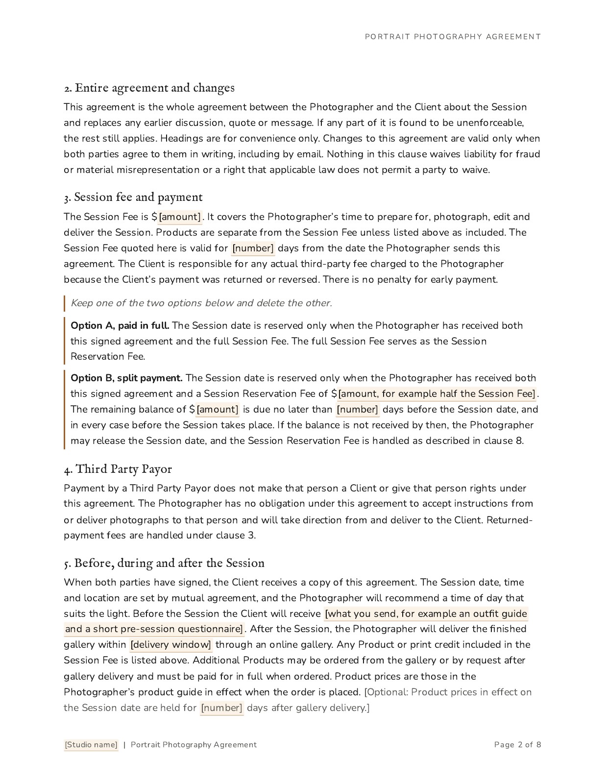 A page from the Portrait Contract Template