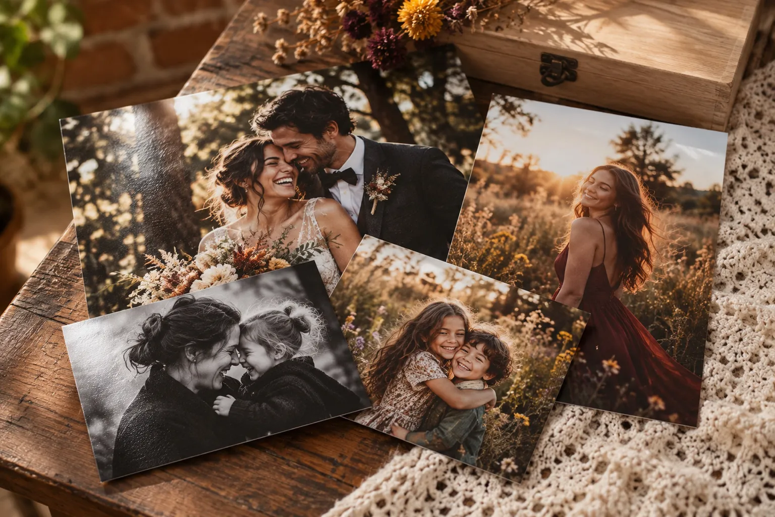 Fine art printed family photos wooden table