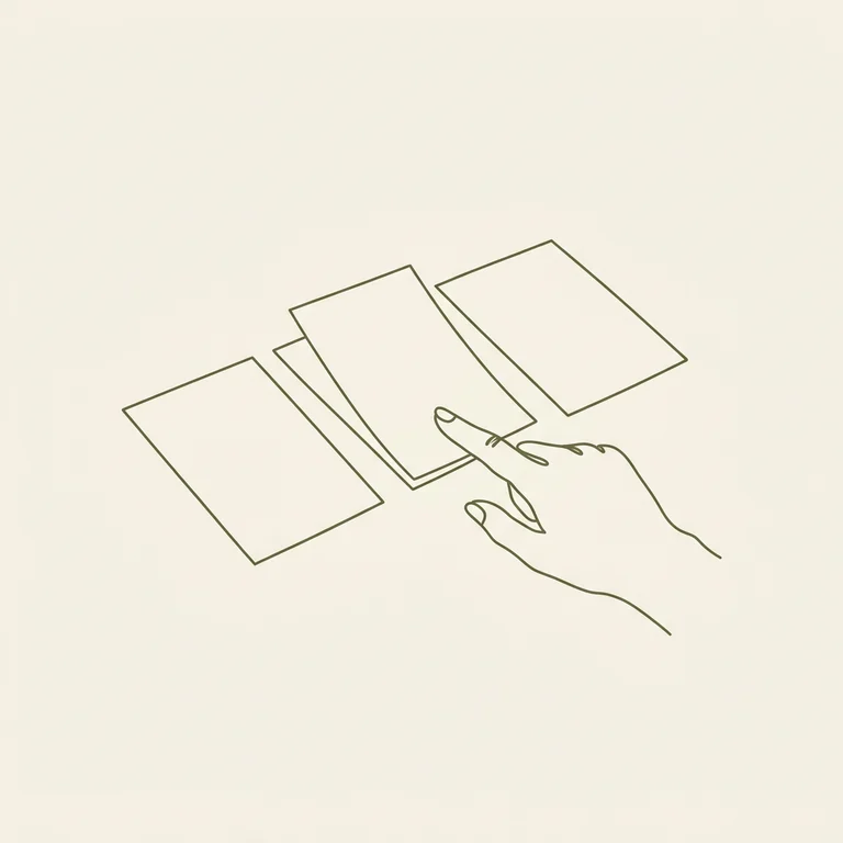 Illustration of a hand choosing one of three cards.