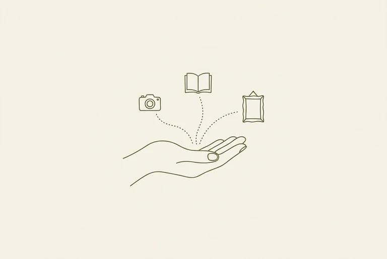 Illustration of an open hand with dotted paths to a camera, book and frame.