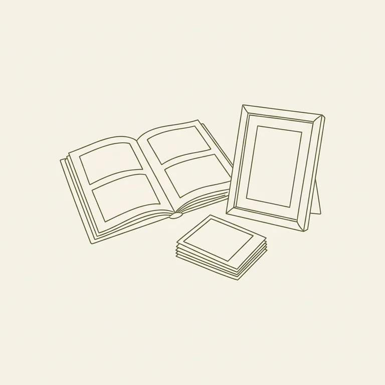 Illustration of an open album, a stack of prints and a standing frame.