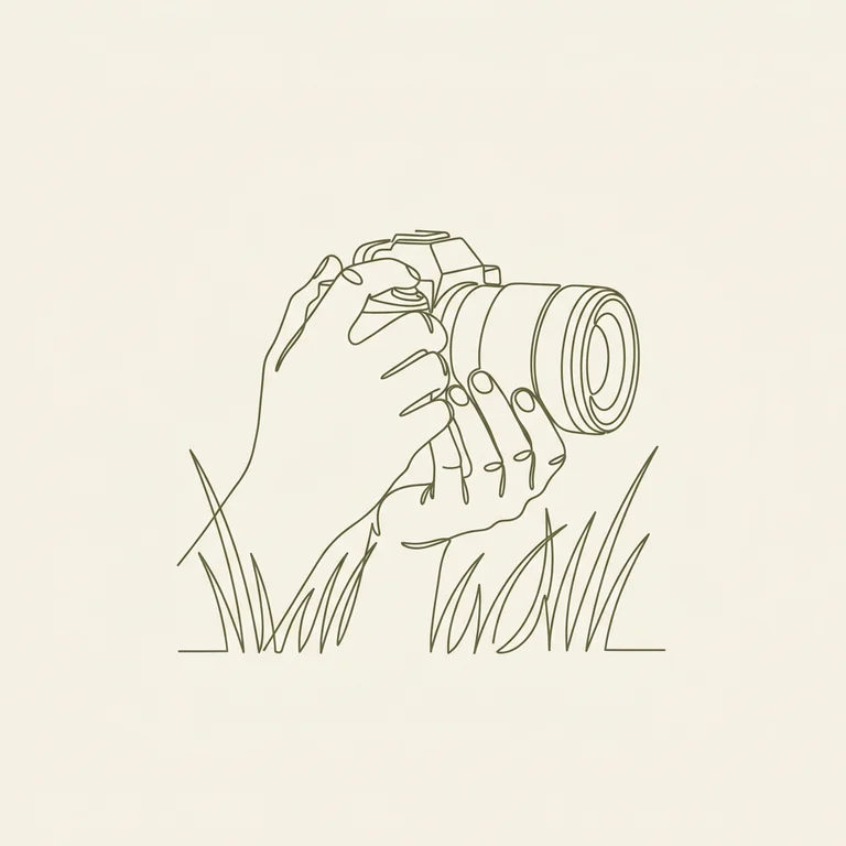 Illustration of hands holding a camera above tall grass.