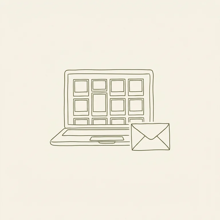 Illustration of a laptop with photo frames beside an envelope.