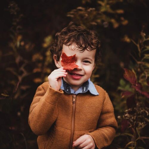 A child holding a red leaf near his face, from Photoshop Image Enhancer II.