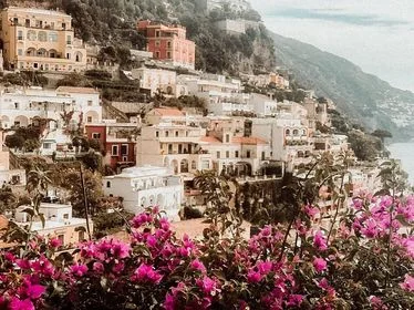 Coastal hillside buildings and pink flowers, from the Retro mobile preset examples