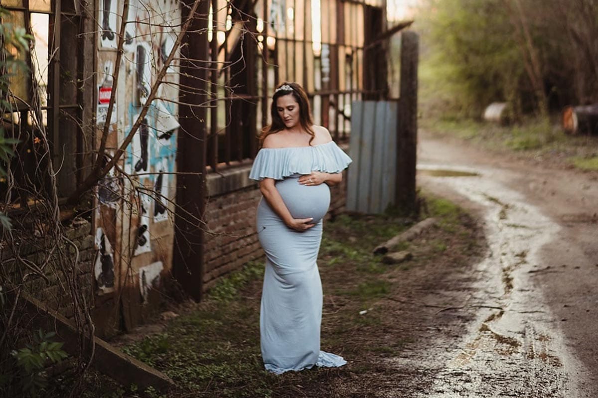 Pregnant Woman Blue Dress Urban Setting