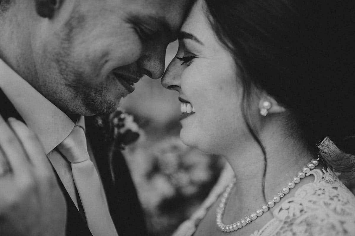 Close Up Bride Groom Touching Foreheads