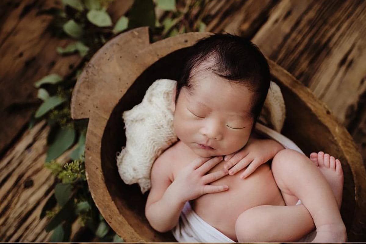 Newborn Boy in Wood Bowl