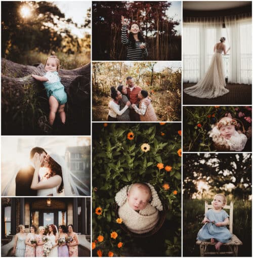 A collage showcasing highlights from the Complete Photography Online Workshop, featuring newborns, families, weddings, and creative portraits.