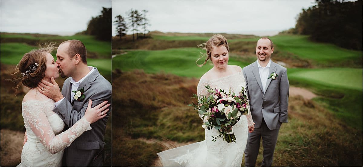 Whistling Straits Wedding Couple Outside in Wind
