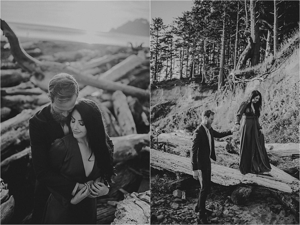 Coastal Engagement Couple on Fallen Tree