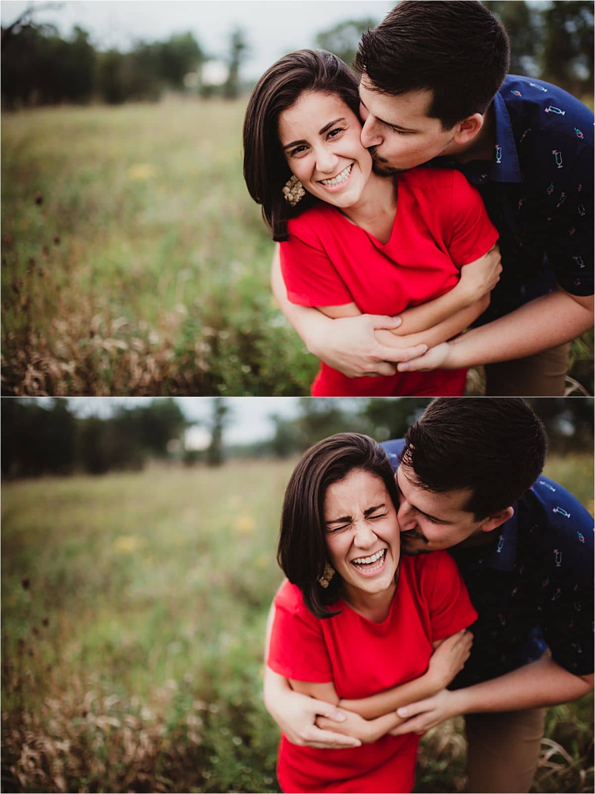 Flower Field Engagement Session Couple Hugging Laughing