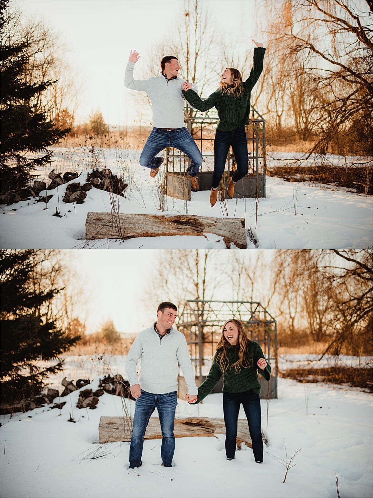 Golden Hour Engagement Session Couple Jumping in Snow