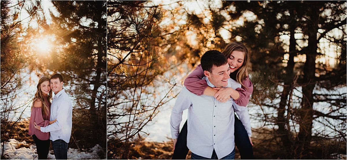 Golden Hour Engagement Session Couple by Trees 