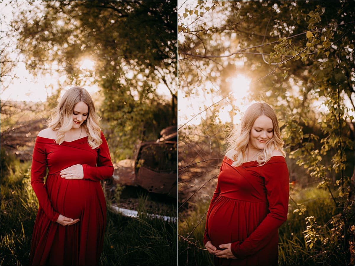 Pregnant Woman in Red at Sunset