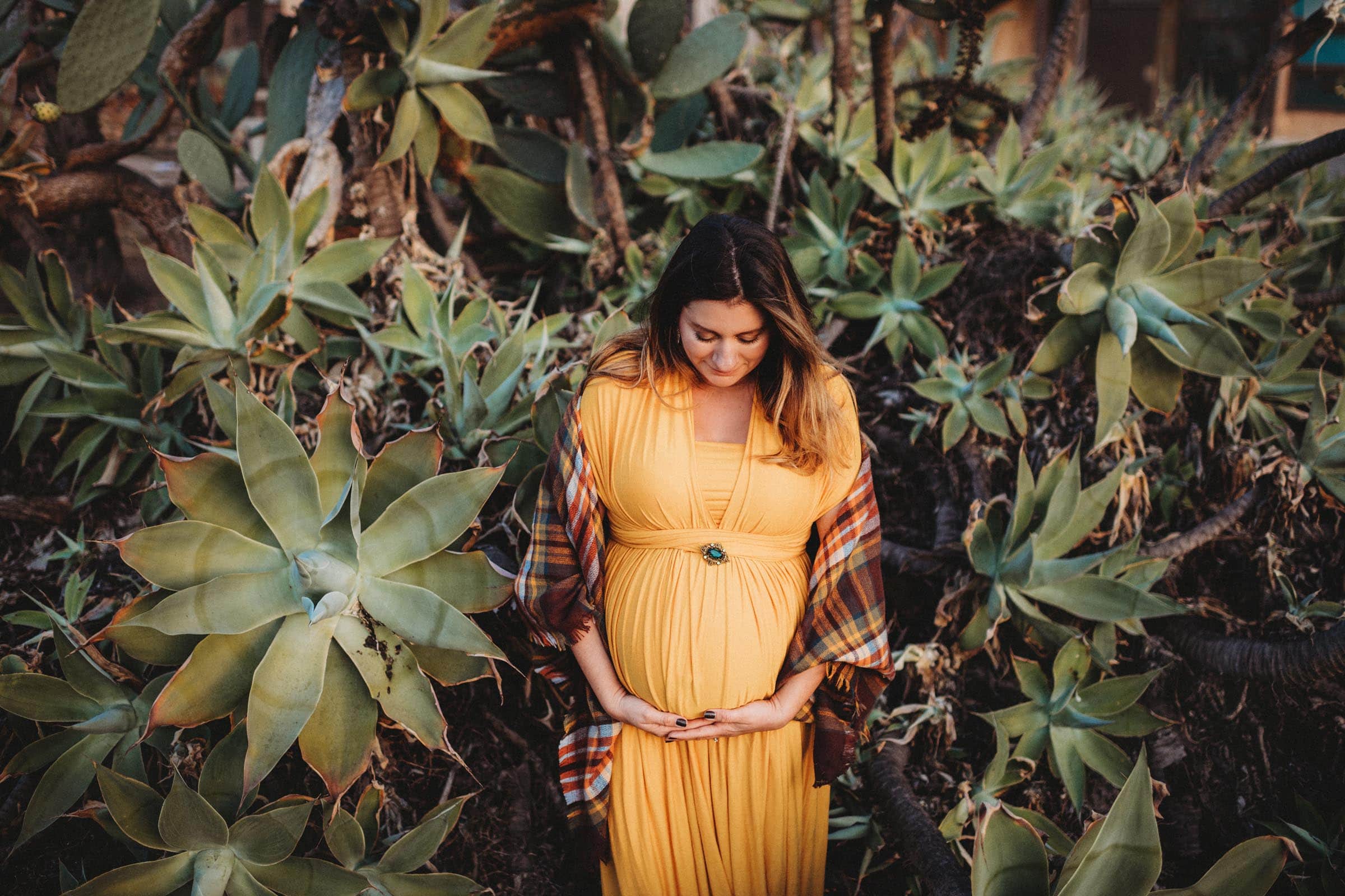 Pregnant Woman Yellow Dress in Succulents
