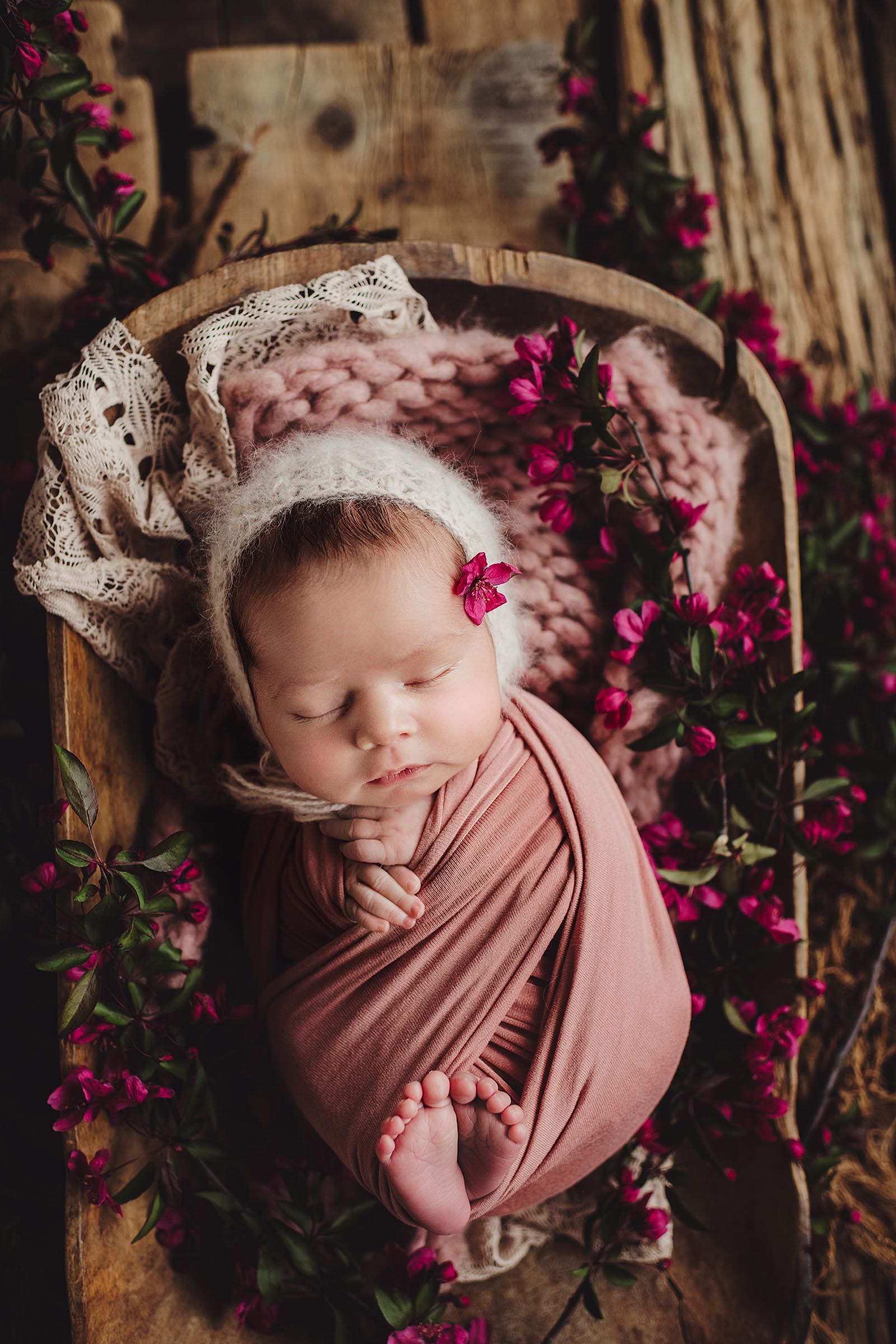 Newborn Girl Mauve Wrap and Flowers
