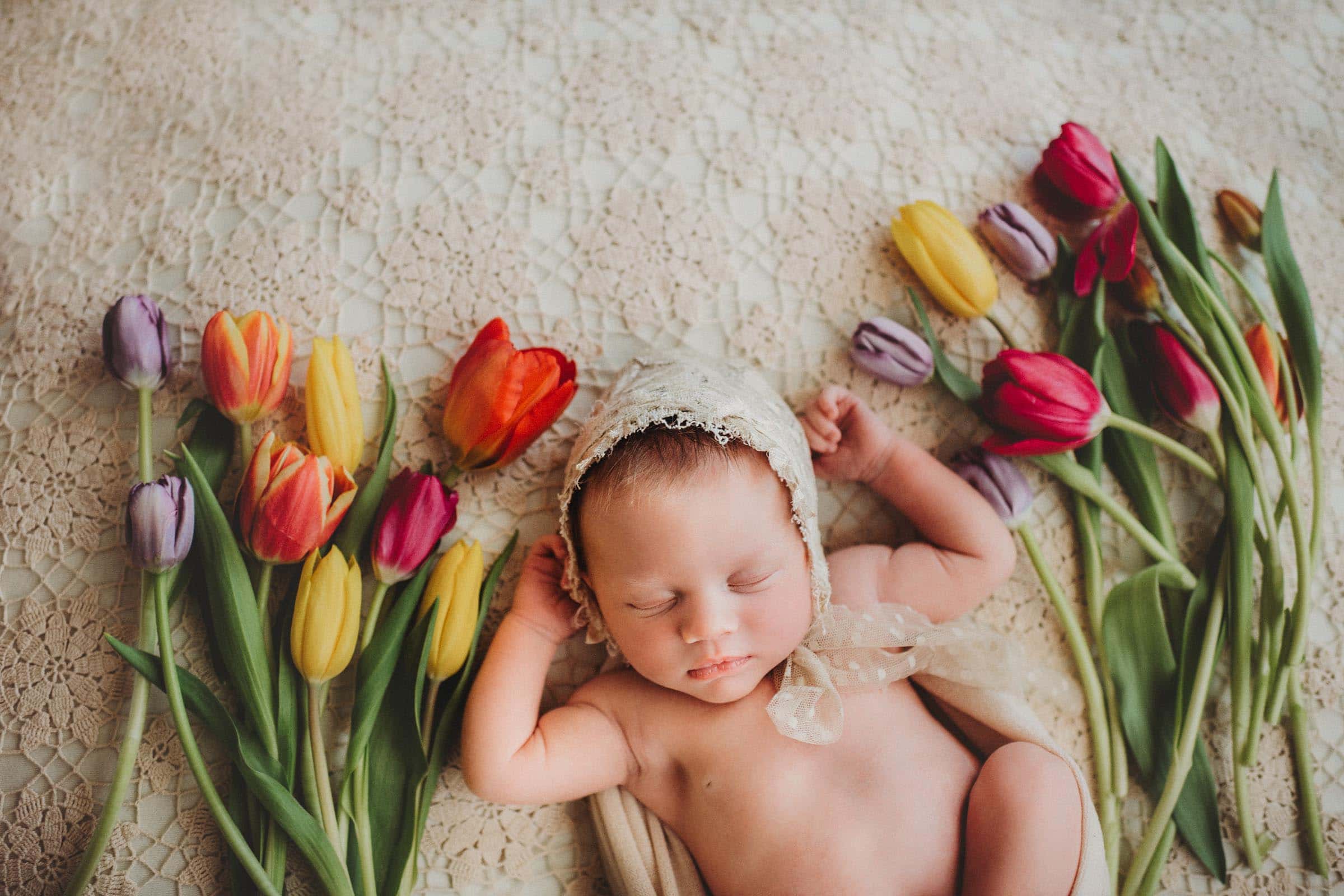 Newborn Girl with Tulips