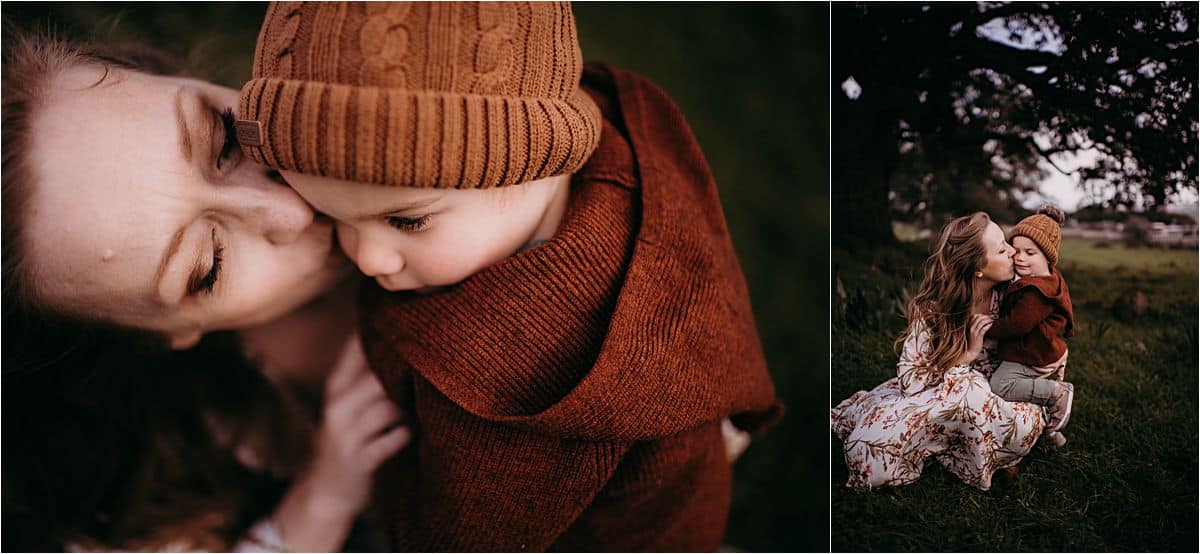 Moody Winter Skies Family Session Mom Snugging Son