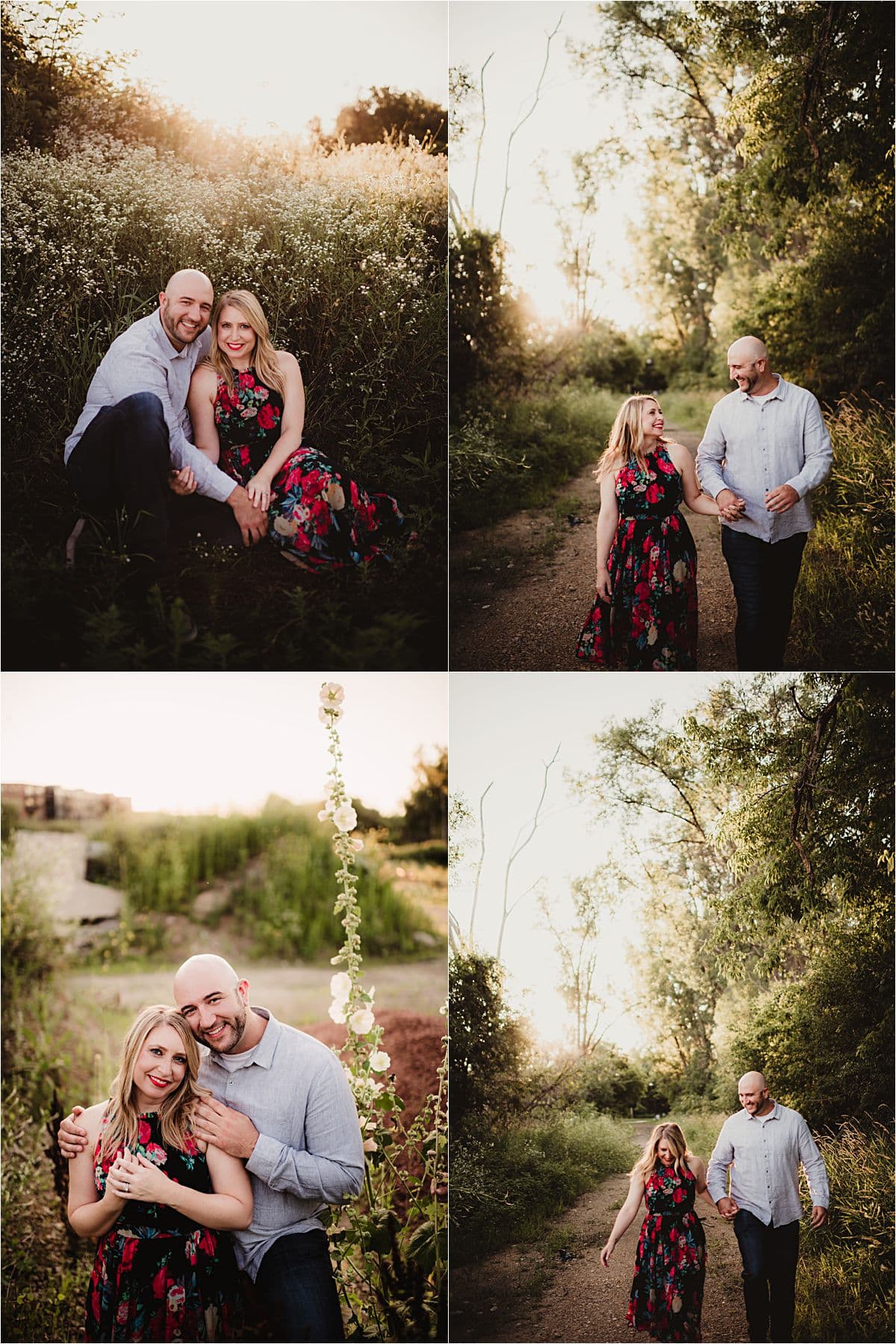 Urban Wildflower Engagement Session Collage Couple Snuggling