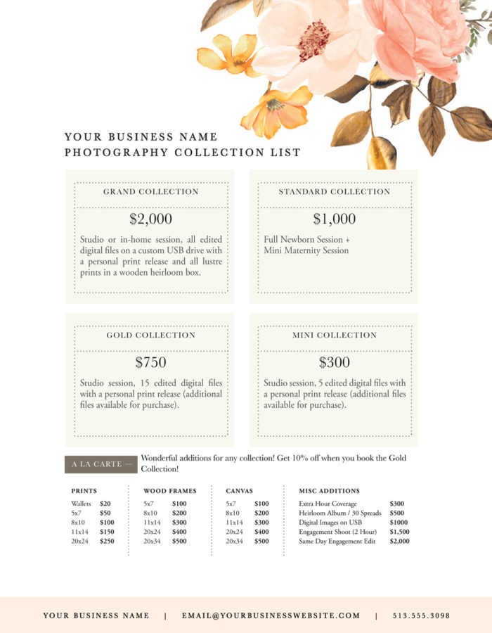 simple price list for photographers