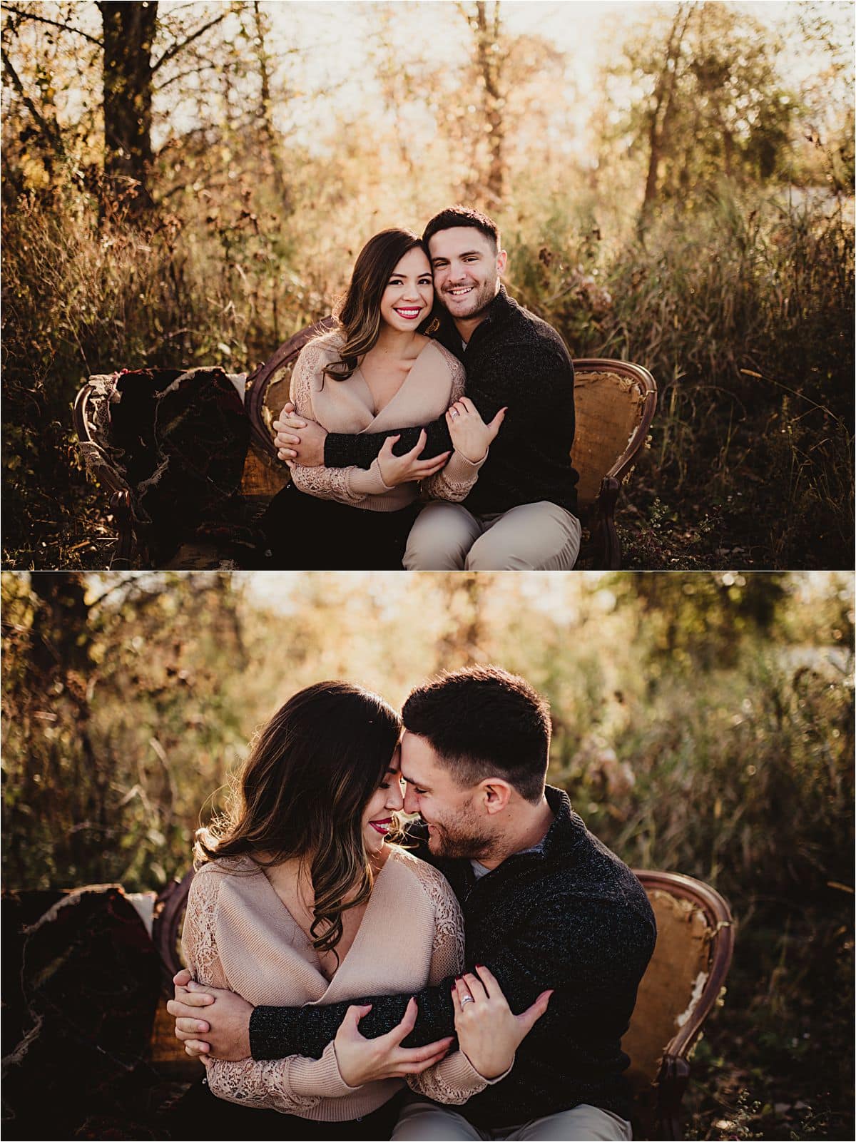 Fall Sunset Engagement Session Couple Snuggling on Couch