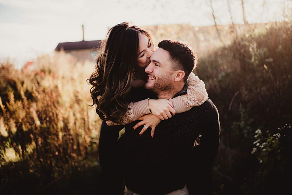 Fall Sunset Engagement Session Couple Piggy Back Ride
