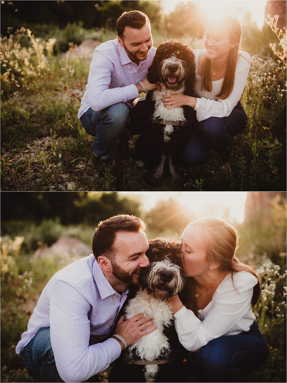 Wildflower Field Engagement Session Couple with Dog