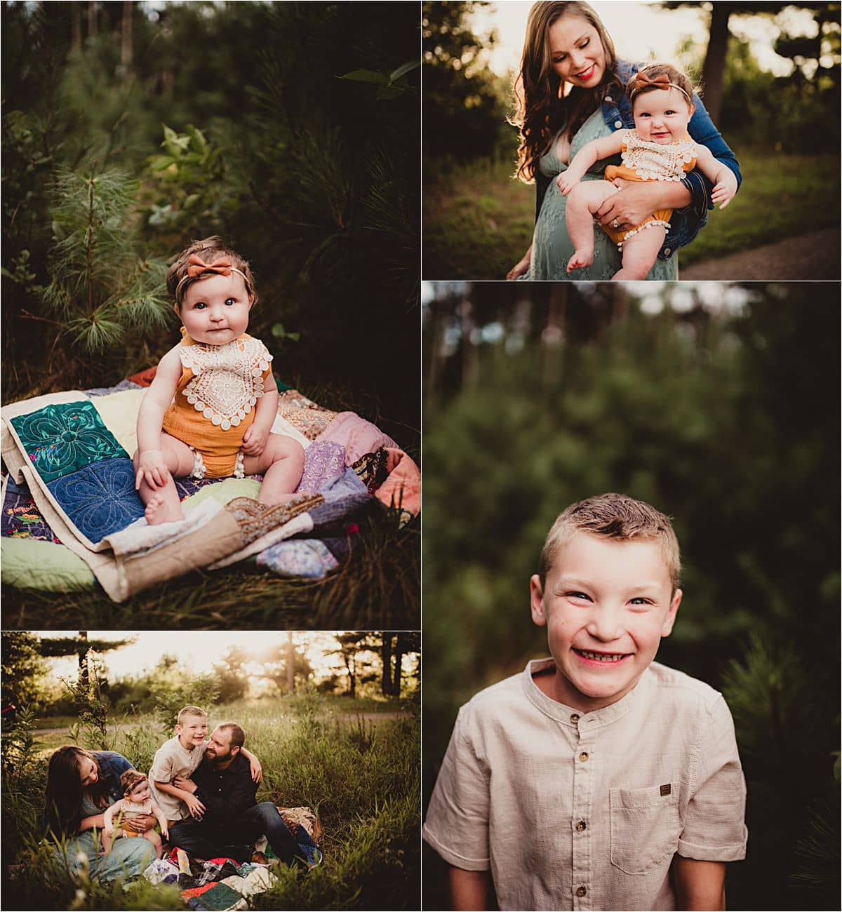 Sunset Woodland Family Session Collage Family of Four