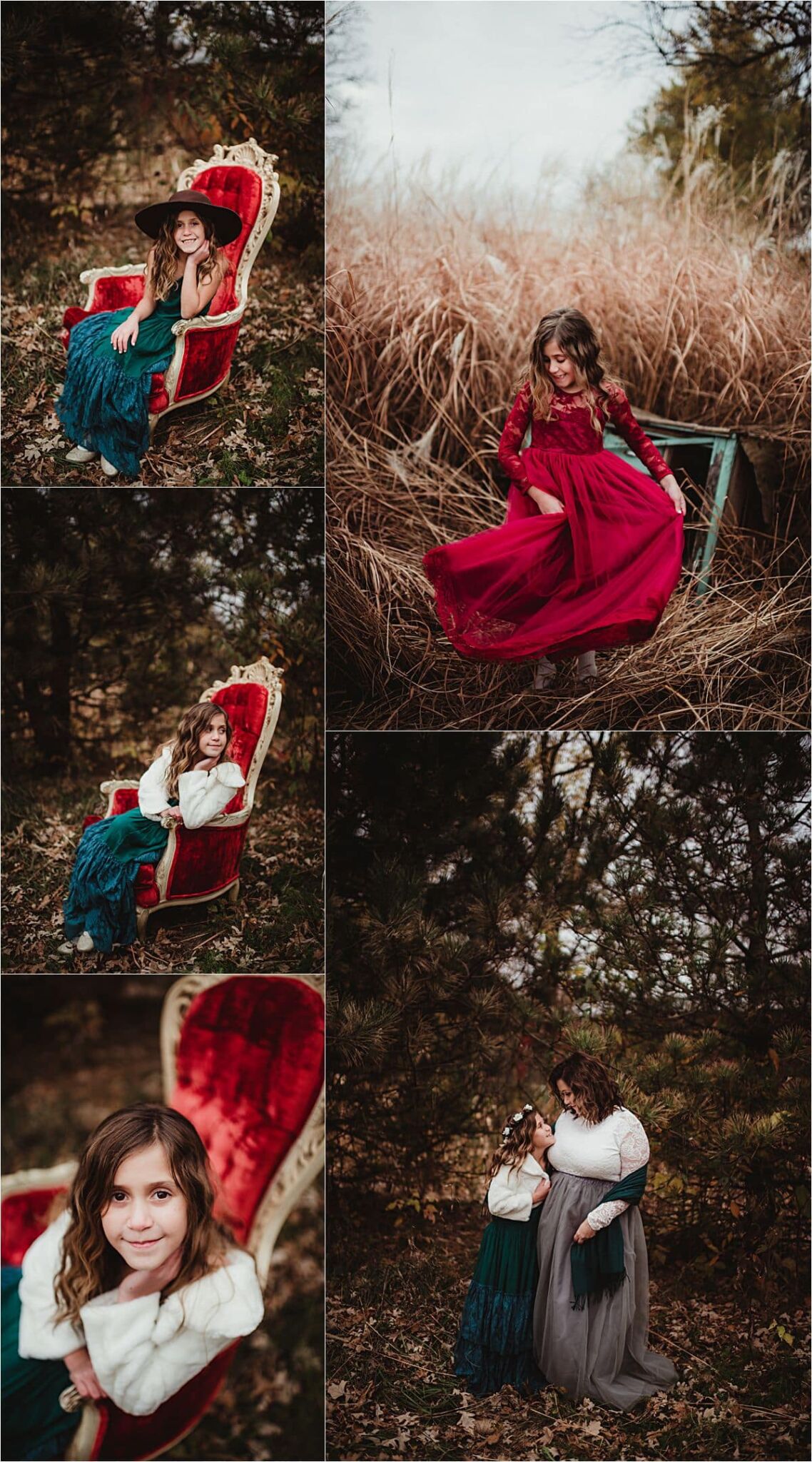 Girl in a teal dress sits in a red velvet chair outdoors while her mother embraces her among pine trees