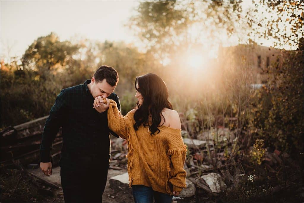Fall Golden Hour Engagement Man Kissing Womans Hand