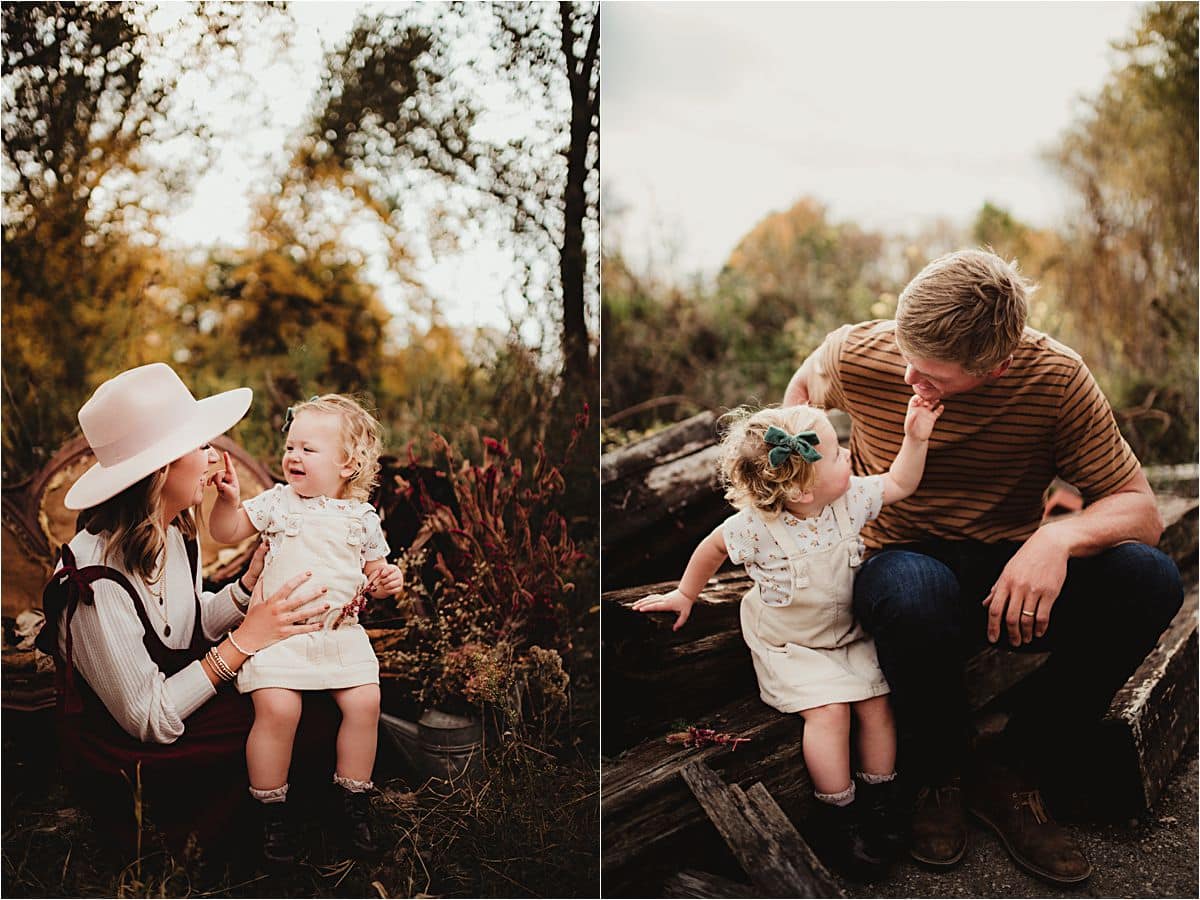 Family laughing together in golden light during a boho outdoor family session at Garver Feed Mill