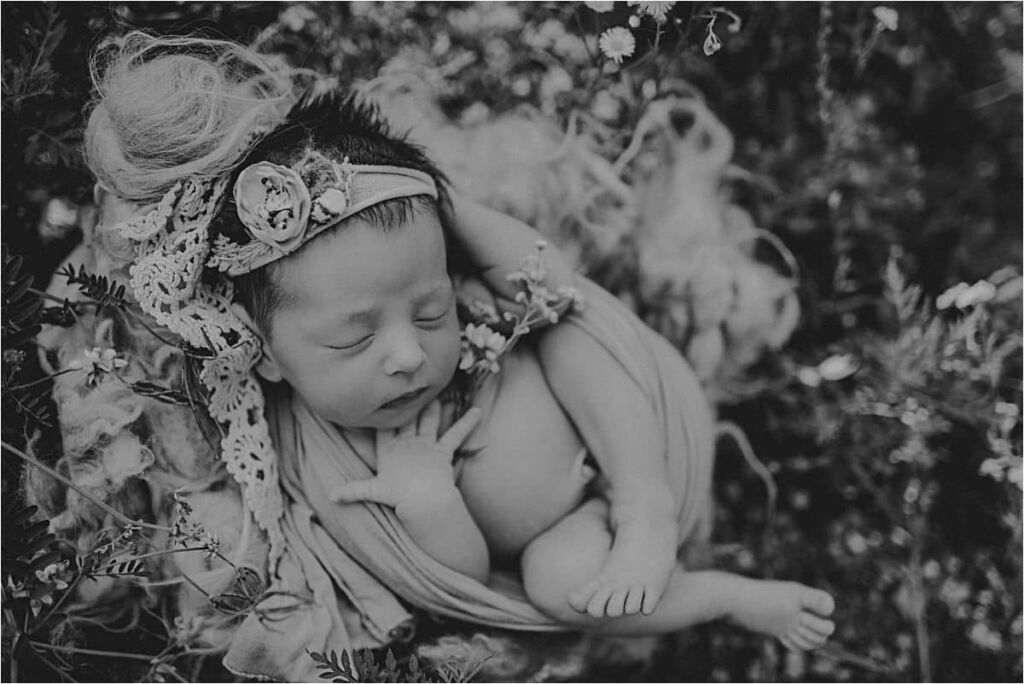 Outdoor Wildflower Newborn Session Black White Image Newborn