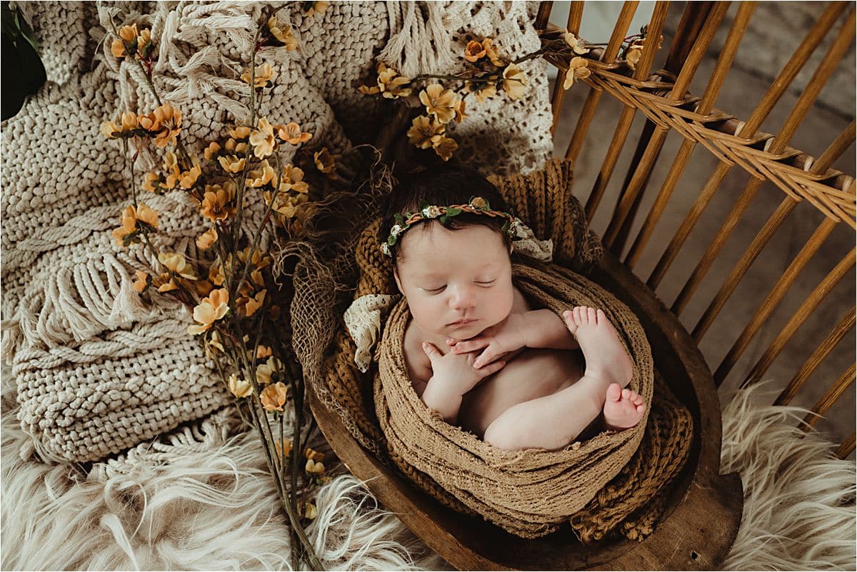 Newborn Girl in Wood Bowl