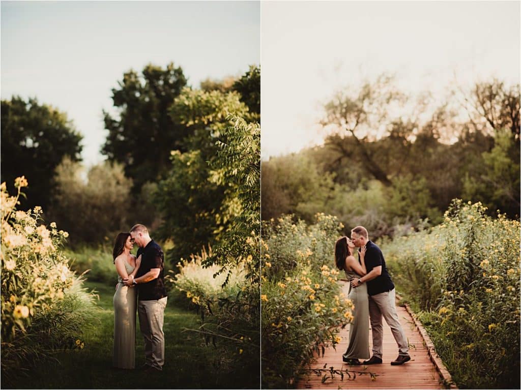 August Sunset Engagement Session Couple Hugging 