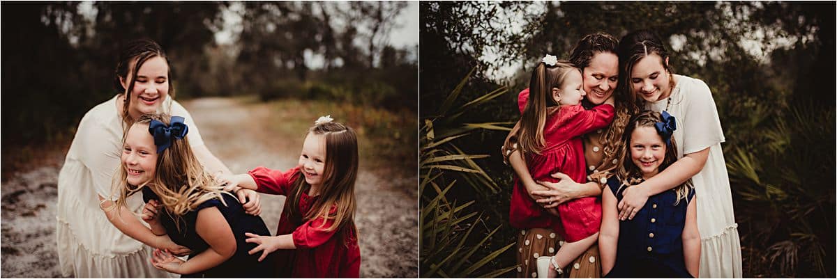 Mom and four daughters hug and laugh on a sandy trail beside palmetto palms by Twig & Olive Photography