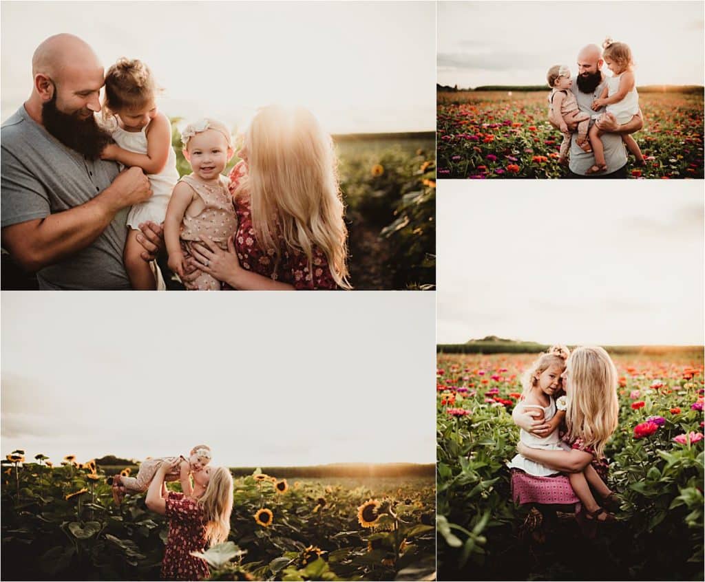August Sunset Family Session Collage Family in Wildflowers