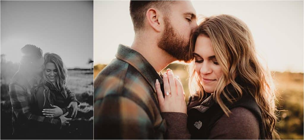 Sunset Fall Engagement Session Couple Snuggling 
