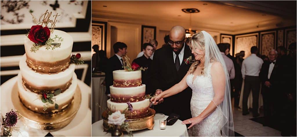 Burgundy and Champagne Wedding Cake Cutting 