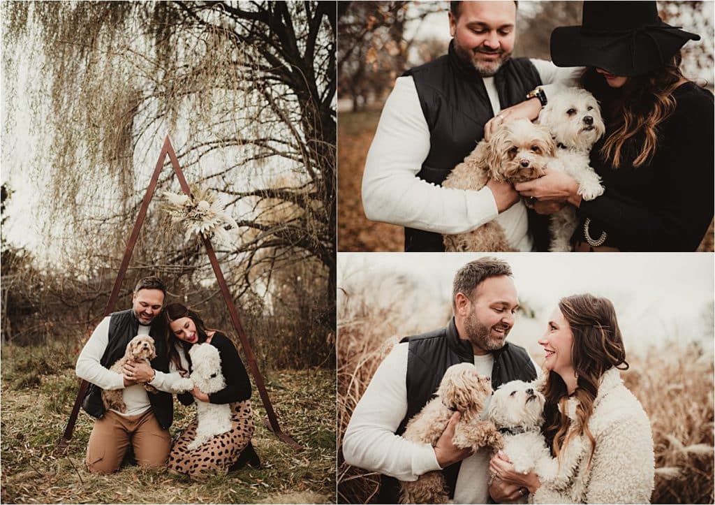 Fall Neutrals Engagement Session Collage Couple with Dogs