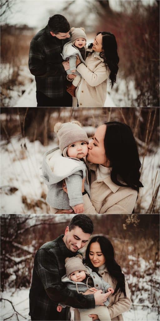 Snowy Winter Family Session Parents with Baby Boy