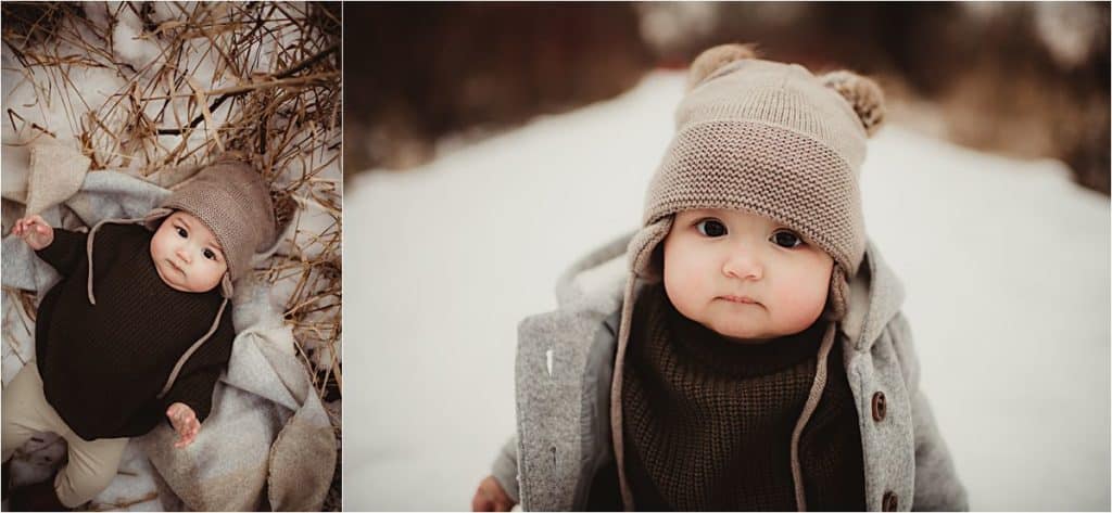 Snowy Winter Family Session Close Up Baby in Hat