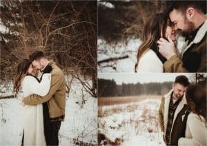 Snowy Winter Engagement Session Collage Couple Snuggling
