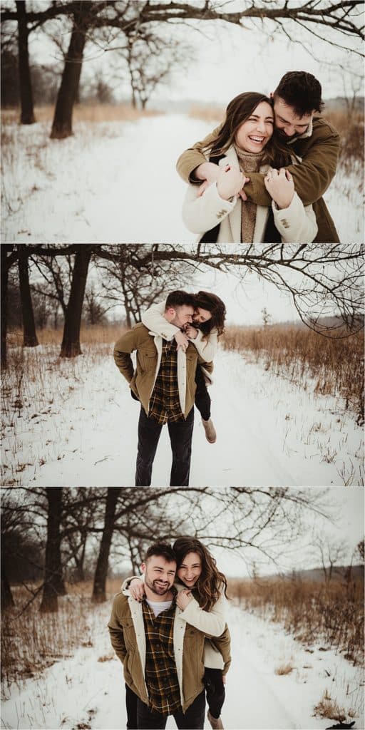 Snowy Winter Engagement Session Couple Piggy Back Ride