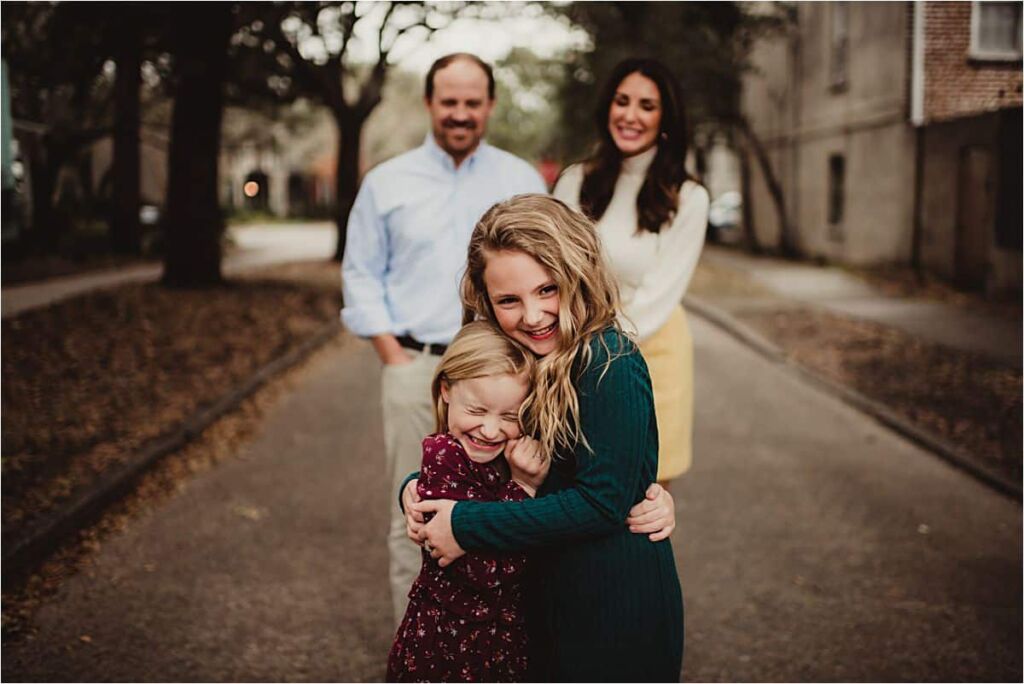 Historic Downtown Family Session Sisters Hugging 