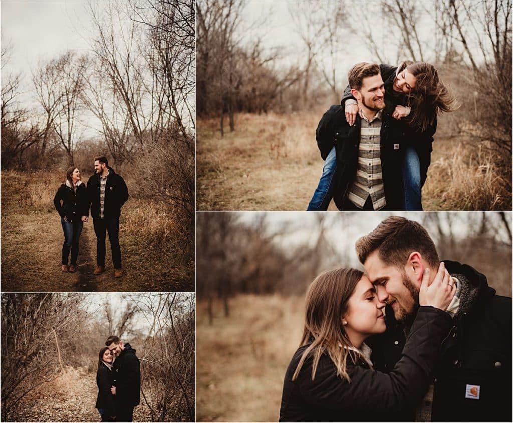 Moody Winter Engagement Session Collage Couple on Path