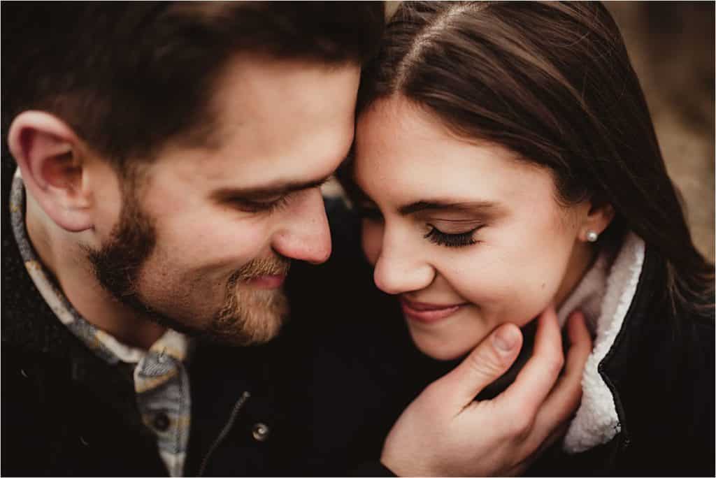 Moody Winter Engagement Session Close Up Couple 