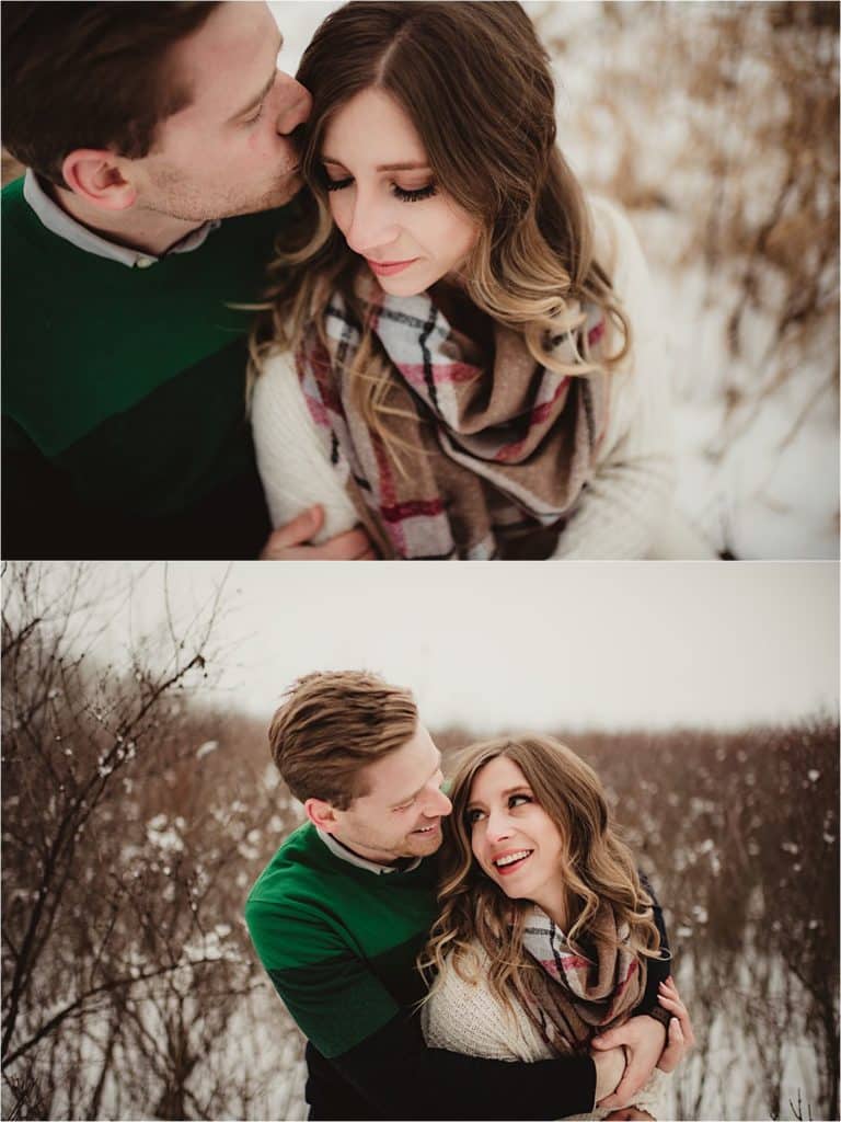 Snowy Winter Engagement Session Close Ups Couple Snuggling 