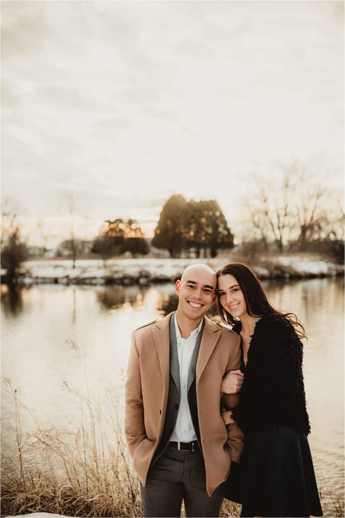 Winter Sunset Engagement Session Couple Snuggling 