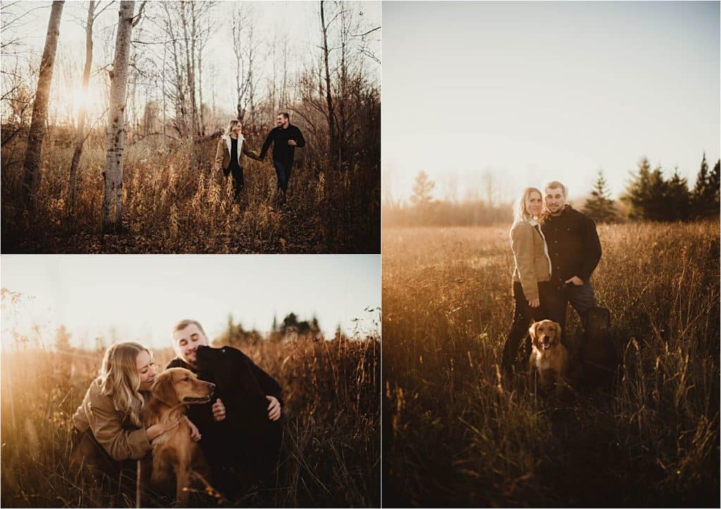 Northern Wisconsin Sunset Engagement Collage Couple with Dogs